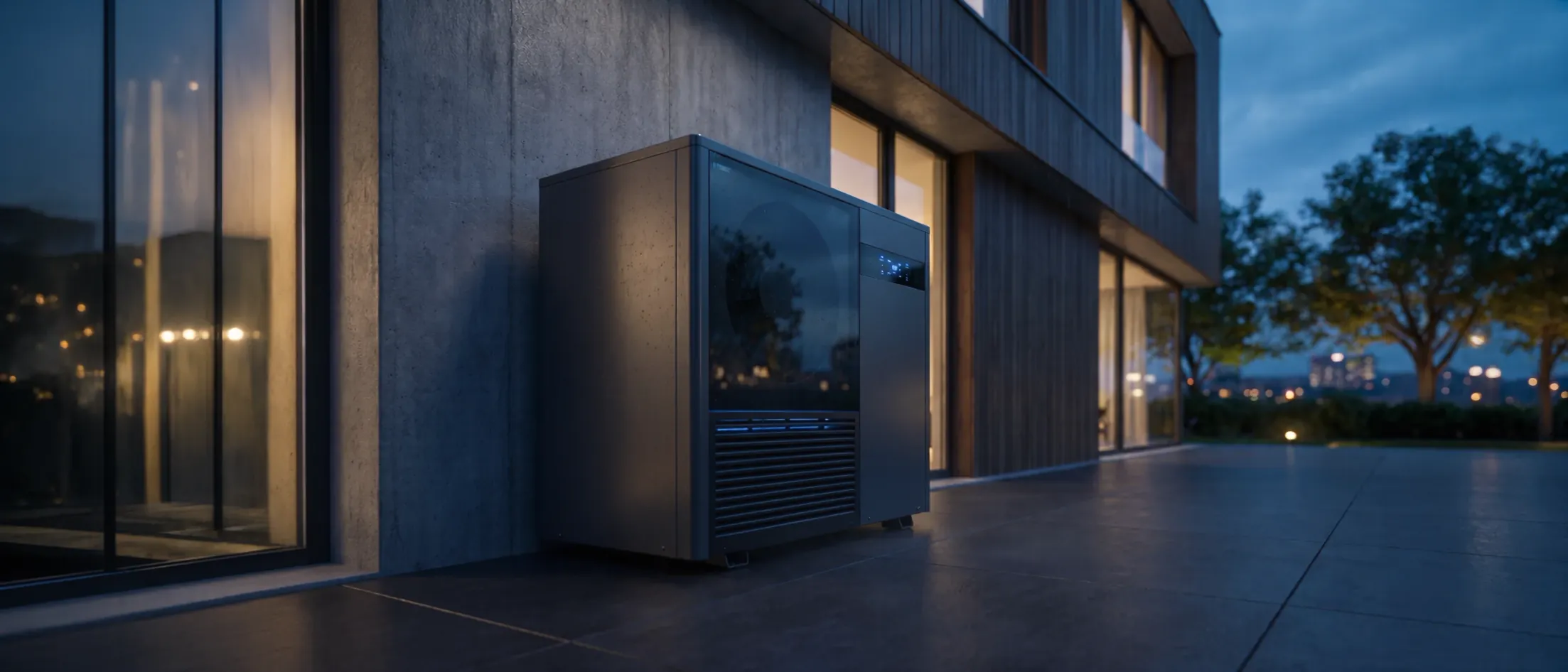 Modernes Wohnhaus am Abend mit Wärmepumpe von HC Haustechnik